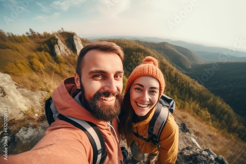 Selfie smiling couple mountains. Generate Ai