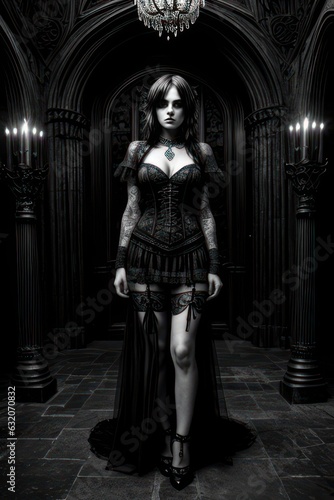 Gothic alternative punk necromant girl in black clothes with pale skin. Generative AI