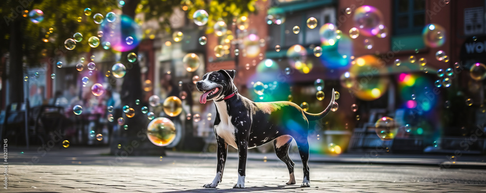 Enchanting urban dog chasing magical bubbles in lively, colorful playground, exuding radiant city life joy and exuberance. Generative AI