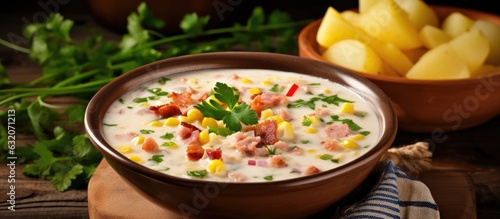 A bowl of chowder made with potatoes, ham, bacon, and sweetcorn. It is garnished with chopped parsley and ground black pepper. In the background, there are two bowls, and in the front, ladle. copy photo