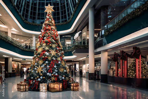 Wallpaper Mural Christmas illustration of a large christmas tree in a mall  Torontodigital.ca