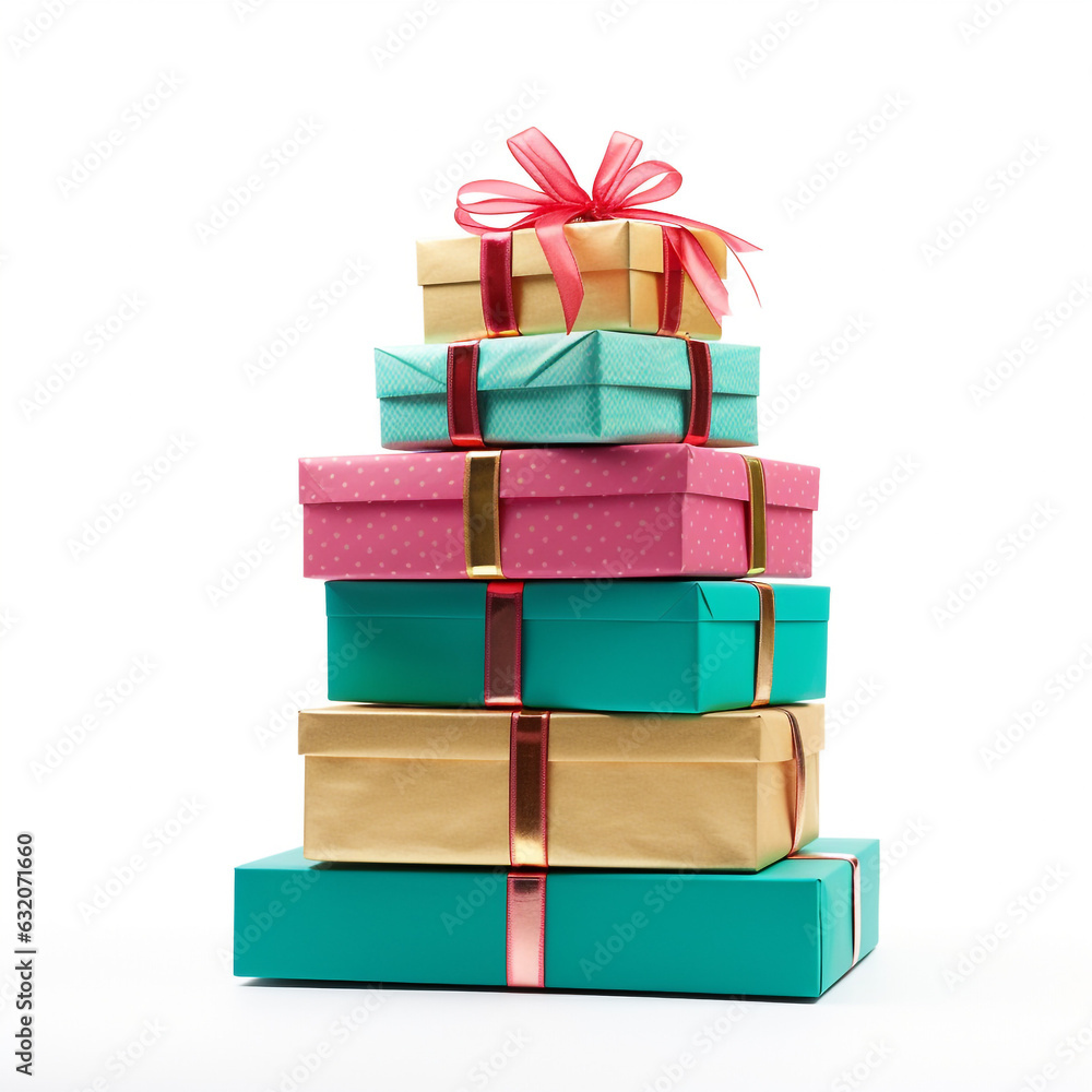 Obraz premium illustration of a stack of christmas presents with gold bows, isolated on white background