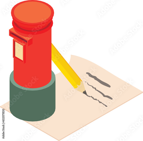 Old mail icon isometric vector. Typical british vintage postbox near paper sheet. Retro mailbox, paper correspondence photo