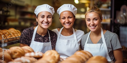 Fotografia A woman baker smileswith colleagues at a bakery.