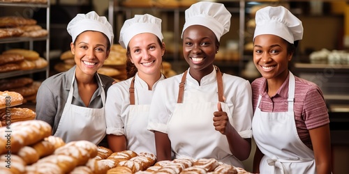 A woman baker smileswith colleagues at a bakery.