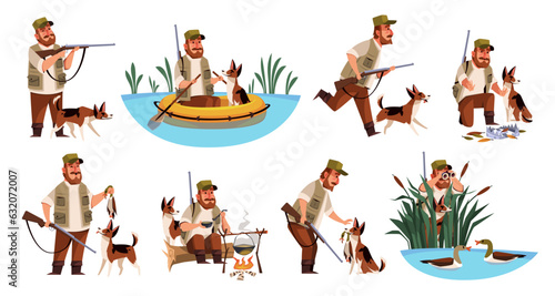 Cartoon hunter character. Funny dog and cute owner on duck hunting, sitting in boat in lake, rifle and equipment, waterfowl extraction, outdoor hobby, cooking on bonfire, tidy vector set