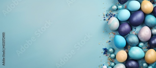 A top-down view of a blue Easter frame made of painted eggs  with empty space for text.
