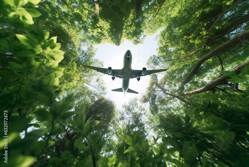 View of an airplane in the middle of a tree seen from below. generative ai