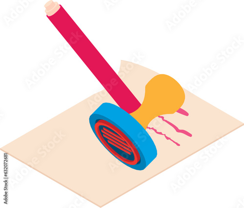 Paper document icon isometric vector. Paper sheet with text and round stamp icon. Documentation, clerical work