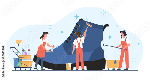 Concept of shoe shine services, little people shine footwear. Tiny men and women cleaning and washing huge boots. Professional cosmetics for leather, vector cartoon flat isolated illustration