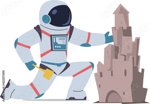 Cosmonaut build castle. Astronaut in space suit and helmet. Spaceman universe exploration and planets. Exploring outer cosmic space. Childish print. Cartoon flat isolated vector illustration