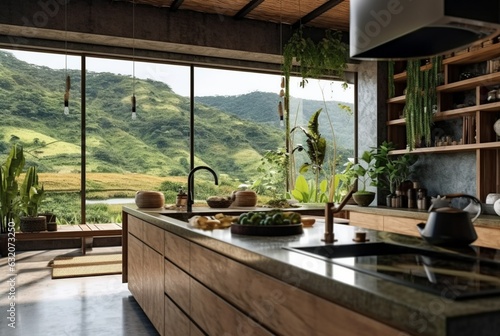Luxurious kitchen with wood design and natural view. generative ai © LivroomStudio