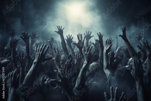 Halloween night background of numerous scary zombie hands risen up © Denis
