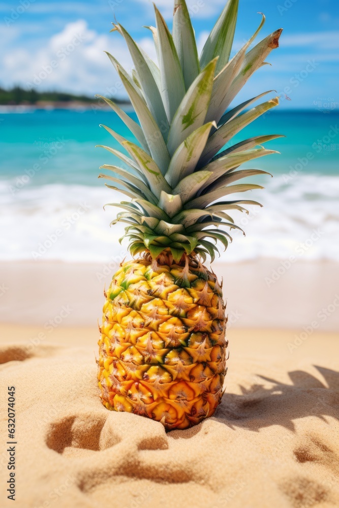 Fresh delicious pineapple on the beach. Ocean background. Close-up Fresh delicious pineapple on the beach. Ocean background. Close-up