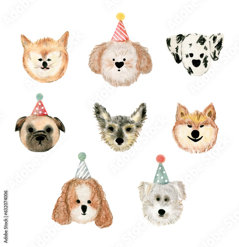 Watercolor illustration set with birthday dogs. Isolated on white background. Hand drawn clipart. Perfect for card, postcard, tags, invitation, printing, wrapping.