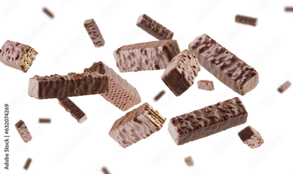 Chocolate waffles with nuts fly and levitate in space. Isolated on white Chocolate waffles with nuts fly and levitate in space. Isolated on white