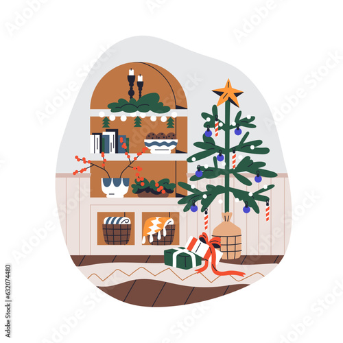 Christmas tree, home Xmas decorations on shelves. Winter holiday fir with bau...