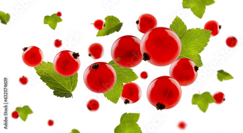 Perfectly retouched red currant with leaves flies and levitates in space. Isolated on white.