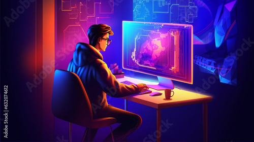 Wallpaper.  A guy Developer working. 16:9. Tech presentation. Generative AI.