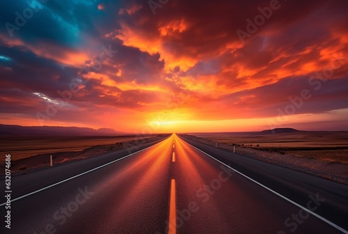 View of asphalt road with beautiful sunset in the evening. generative ai © LivroomStudio
