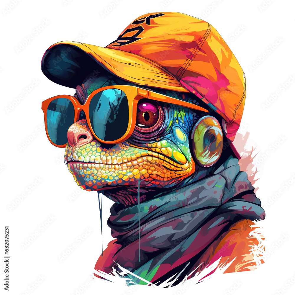 Chameleon wearing hat with sunglasses. Modern street style for sticker or t-shirt design. Generative AI
