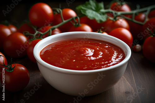 The Tomato Sauce: A White Bowl of Smooth and Chunky Red Sauce on a Wooden Table Surrounded by Vine-Ripened Tomatoes and a Parsley Sprig