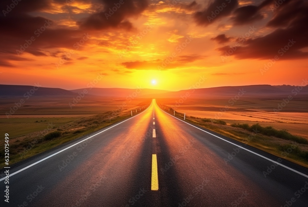 Naklejka premium View of asphalt road with beautiful sunset in the evening. generative ai