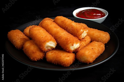 A plate of mozzarella sticks with marinara sauce on a black background.