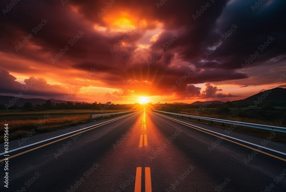 View of asphalt road with beautiful sunset in the evening. generative ai View of asphalt road with beautiful sunset in the evening. generative ai