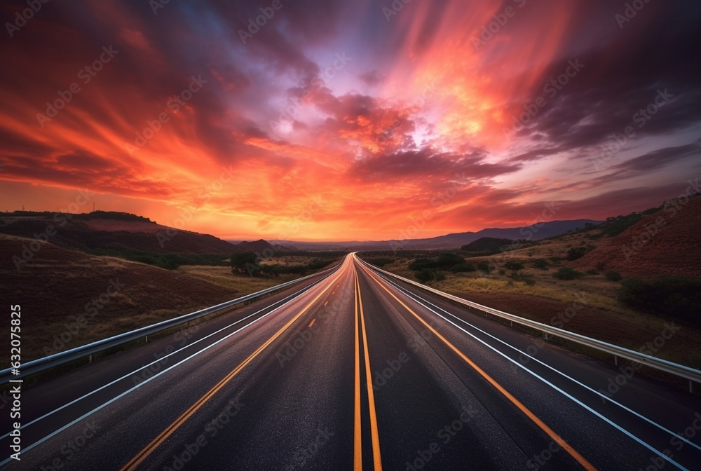 View of asphalt road with beautiful sunset in the evening. generative ai View of asphalt road with beautiful sunset in the evening. generative ai