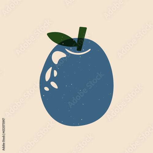 Abstract plum risograph sketch. Modern ripe juicy blue fruit, cartoon natural linocut print effect. Vector illustration