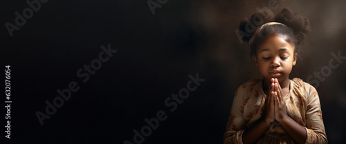 A young girl of African ethnicity praying. Christian religious prayer and devotion banner with copy space. Generative AI illustration