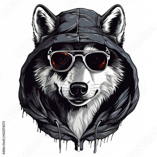 Wolf wearing hat with sunglasses. Modern street style for sticker or t-shirt design. Generative AI © Sewupari Studio