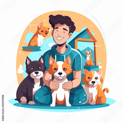 Young caretaker with mixed breed dogs enjoying themselves after a walk in nature. Dog Walking Service. Cartoon vector illustration.