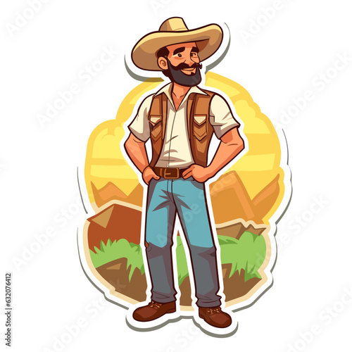 Happy farmer with his farm and rural landscape in the background. A healthy lifestyle, agriculture, farm concept. Cartoon vector illustration.