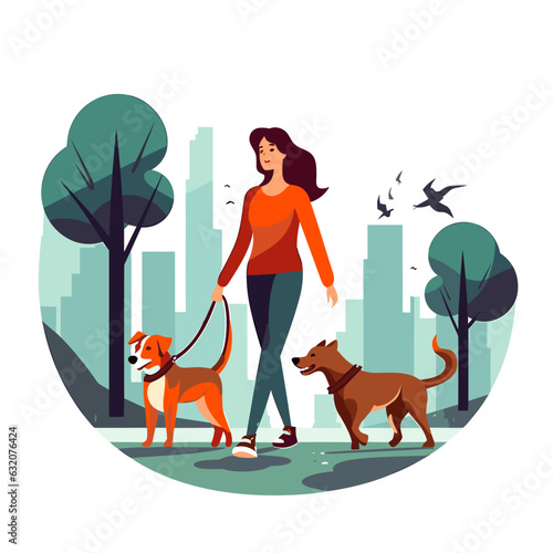 Girl dog walker with group of dogs enjoying in walk. Dog Walking Service. Cartoon vector illustration.