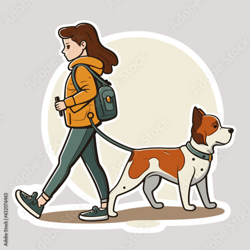 Girl dog walker with dog enjoying in walk. Dog Walking Service. Cartoon vector illustration.