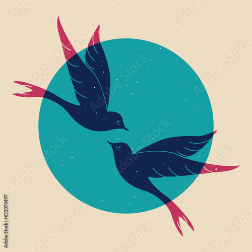 Two birds flying in sun. Abstract swallows retro riso print effect, modern risograph poster design. Vector illustration