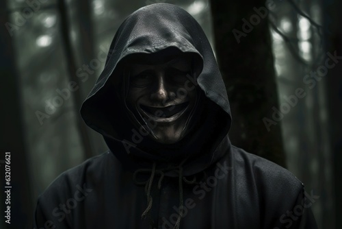 Hooded figure in the dark forest