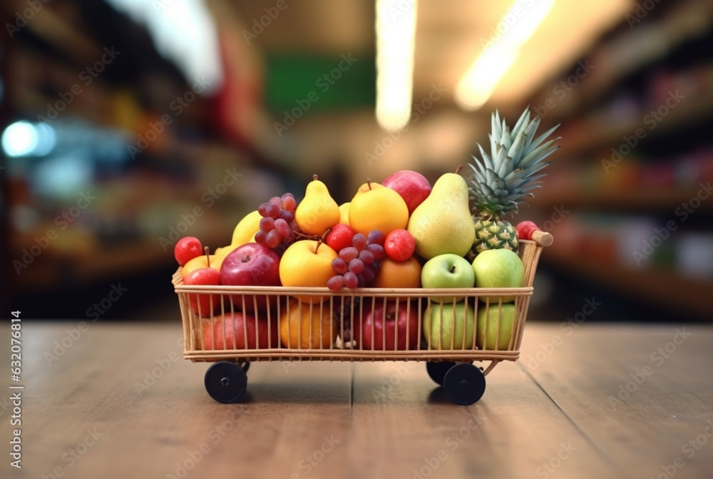 Miniature shopping cart with wheels filled with fresh fruits on wooden table with blurred background in supermarket. generative ai
