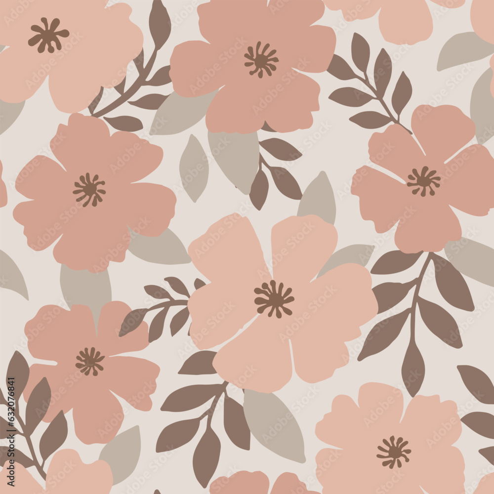 Floral seamless pattern. Peachy monochrome hand-drawn digital paper with flowers. Blossom beige, pink shades background with leaves. Floral vintage pattern with pink flowers and leaves. 