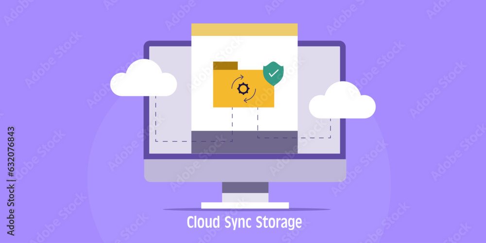 File sync with online storage, cloud computing and secure data transfer, virtual web network, computer internet technology vector illustration banner.