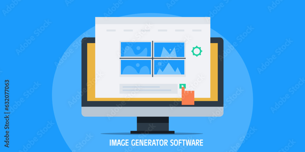 Online image creator software web application, person pressing button of AI image generator interface on computer screen, vector illustration web banner. Online image creator software web application, person pressing button of AI image generator interface on computer screen, vector illustration web banner.