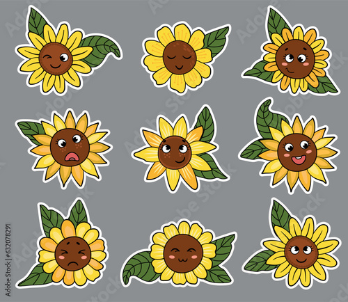 Set of kawaii sunflowers stickers.