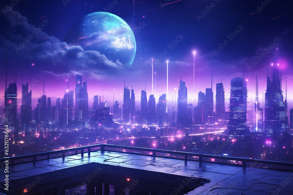 Cyberpunk Technology: Futuristic City Skyline with Neon Lights. Generative AI