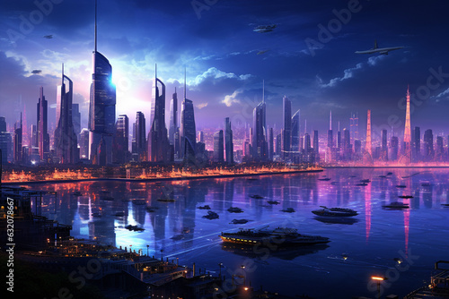 Cyberpunk Technology: Futuristic City Skyline with Neon Lights. Generative AI