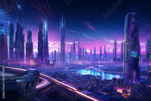 Cyberpunk Technology  Futuristic City Skyline with Neon Lights. Generative AI