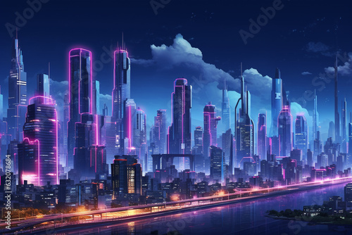 Cyberpunk Technology: Futuristic City Skyline with Neon Lights. Generative AI © Henry Saint John