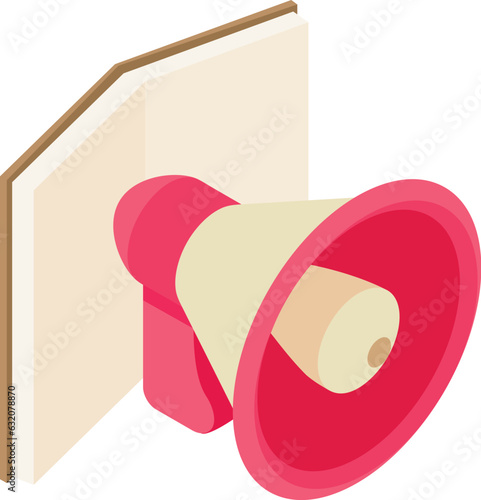Voting agitation icon isometric vector. Loudspeaker near opened paper book icon. Voting notification, election concept