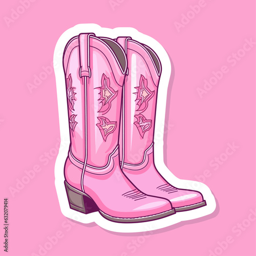 Female pink cowboy boots isolated illustration Cowboy girl wears boots. Wild west theme. Vector Western cowboy illustration for party poster, banner or invitation. Girl power, glamour style cowgirl